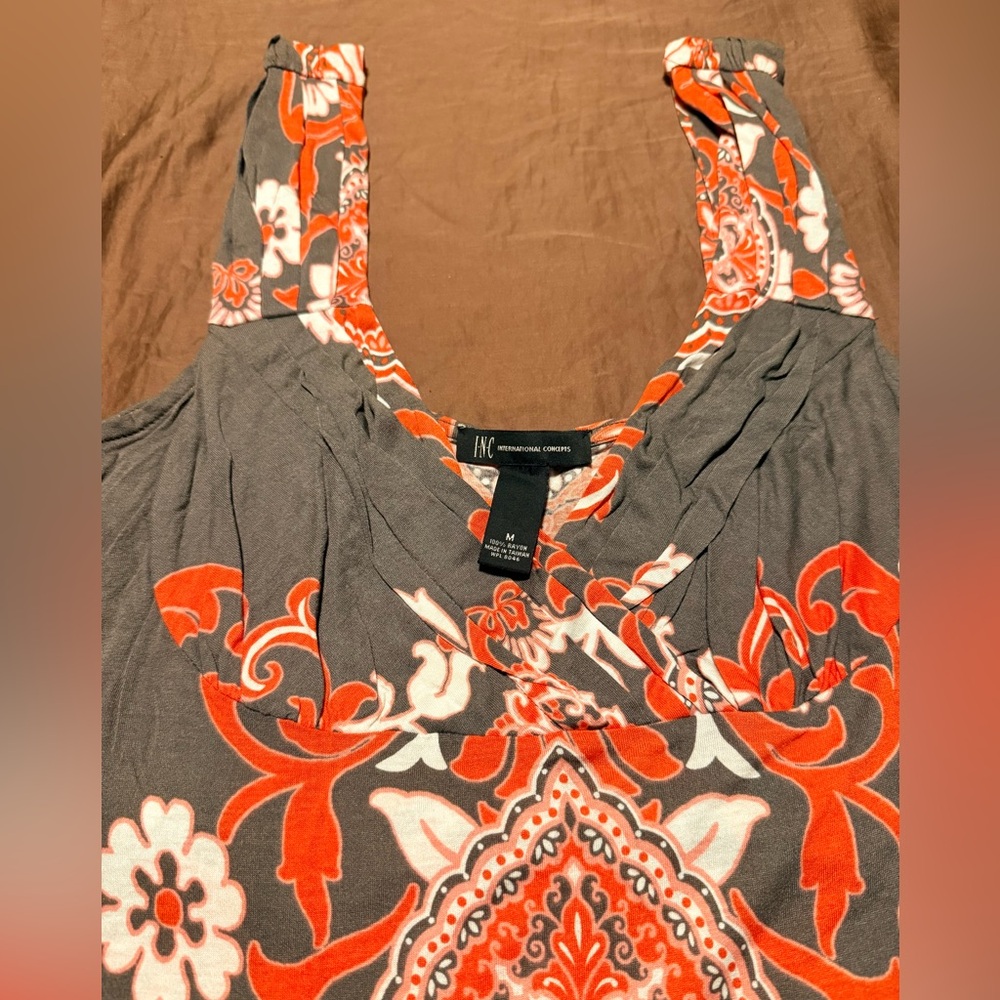 INC Gray and Orange Patterned sleeveless dress